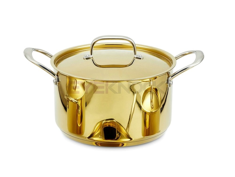 High quality hot selling stainless steel golden 5 pcs cookware set Cast stainless steel handle and knob Gol yellow cookware