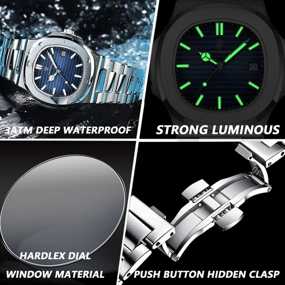 POEDAGAR 613 Luxury Watch Business Waterproof Male Clock Stainless Steel Square Luminous Date Quartz Men Watch