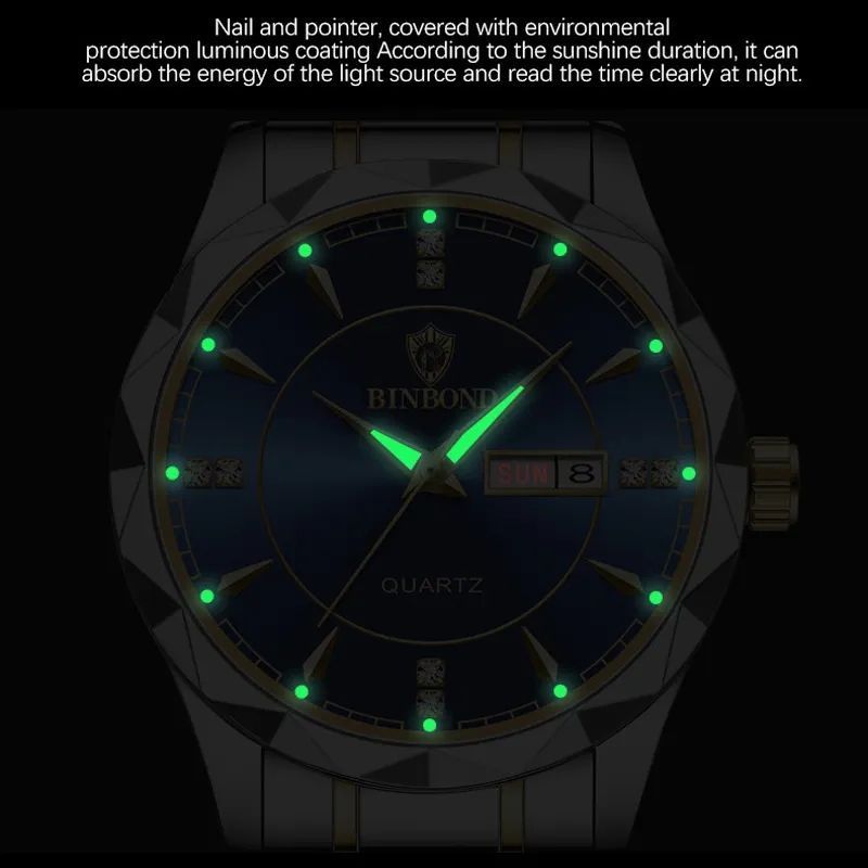 Hot Sale BINBOND Relogio Masculino Couple Wristwatch Men Stainless Steel Luminous Calendar Quartz Watch