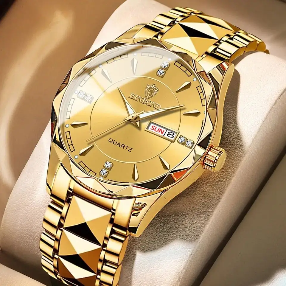 BINBOND 5552 Luxury 3ATM Gold Men Women Couple Stainless Steel Fashion Quartz Watch