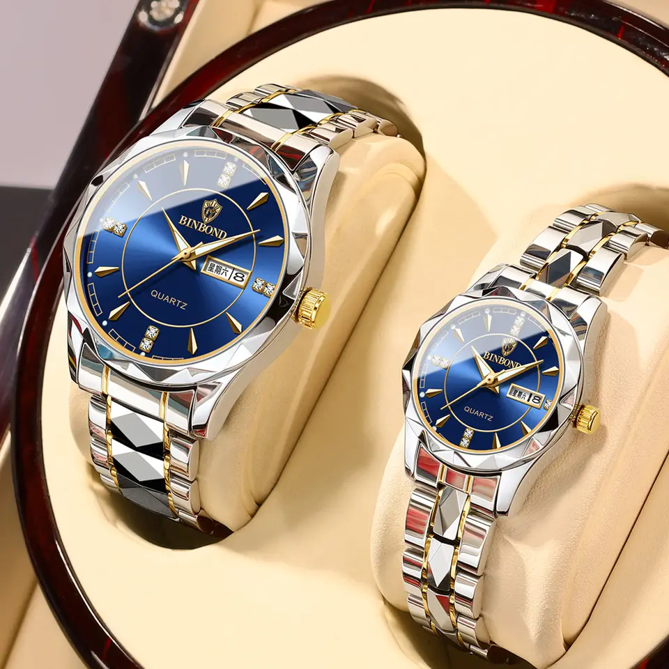 BINBOND 5552 Luxury 3ATM Gold Men Women Couple Stainless Steel Fashion Quartz Watch