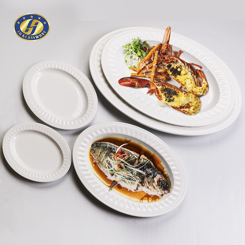 Customize Logo Melamine Dish Plate Wholesale Large Unbreakable Plastic Melamine Restaurant White Oval Fish Serving Plates