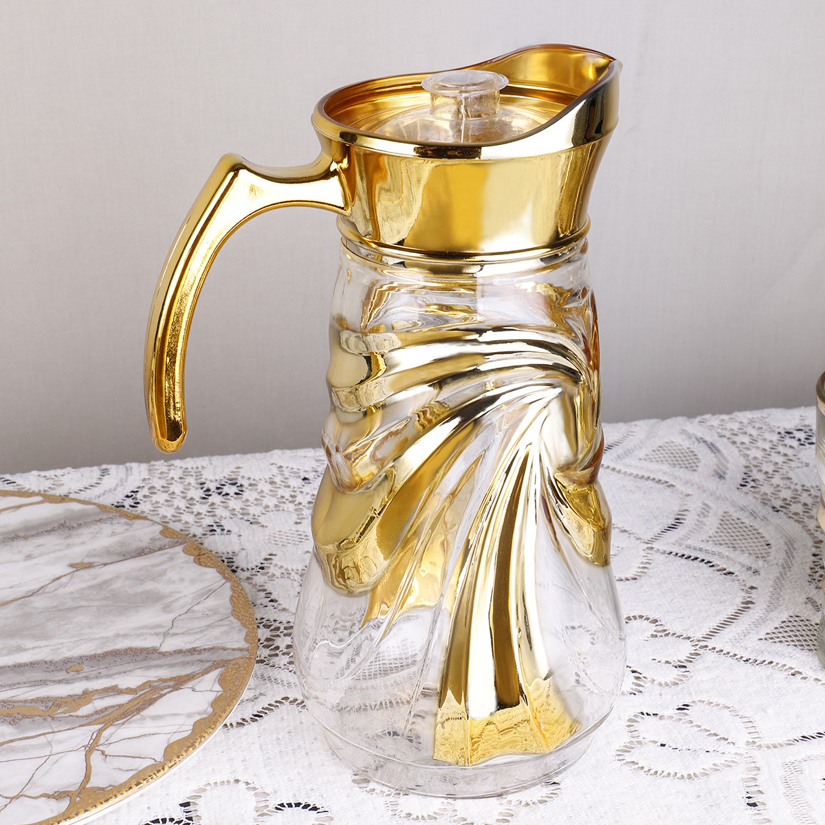 JINGHUANG 7Oz Tumbler+1.4L Jug Heart Design Golden 7 Pcs Glass Jug Set Drinking Glass Set Water Glass Set With Jug