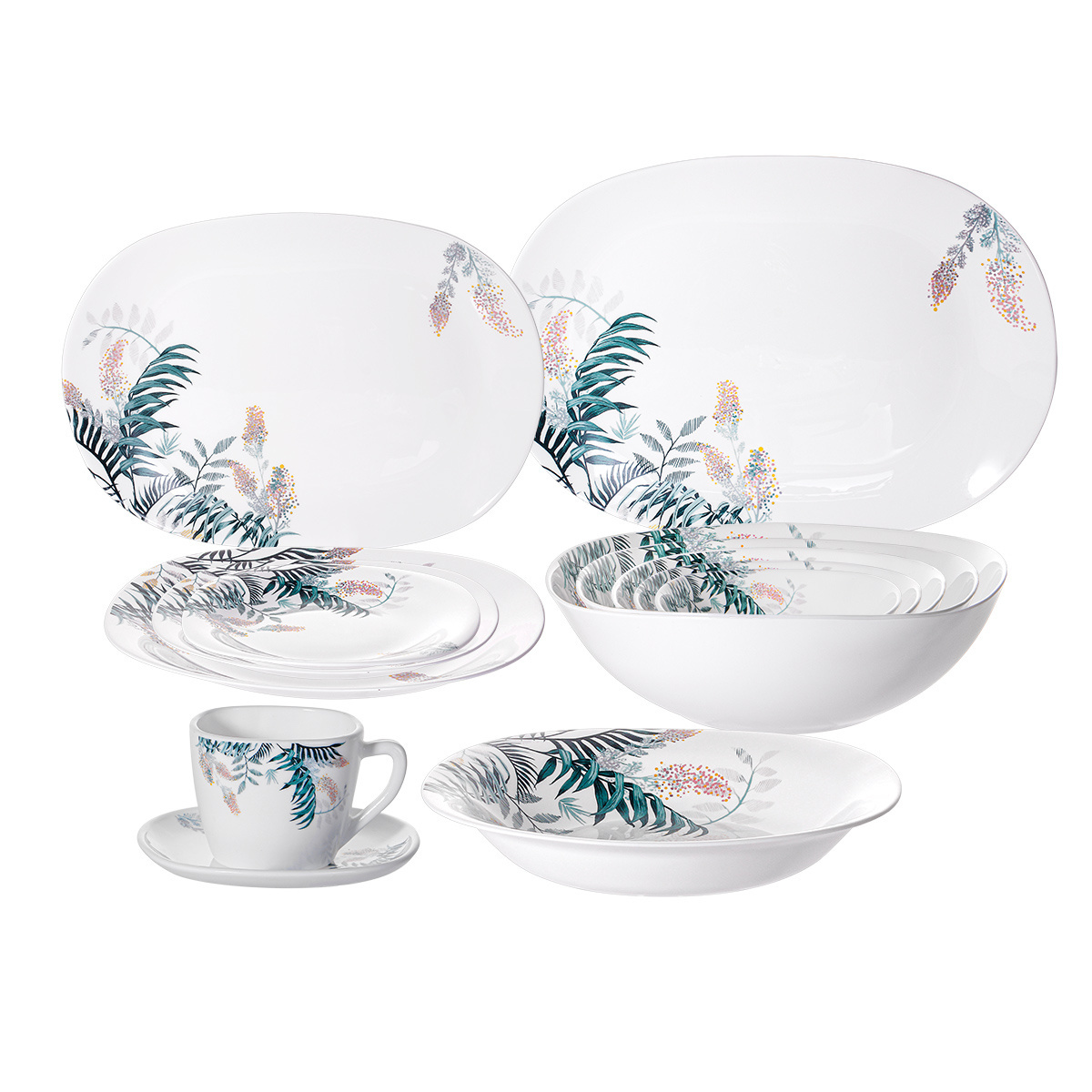 Tempered heat resistant 12/14 inch oval white opal glass plate dinner set dish flat plates with flower decal design