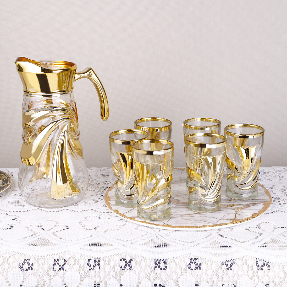 JINGHUANG 7Oz Tumbler+1.4L Jug Heart Design Golden 7 Pcs Glass Jug Set Drinking Glass Set Water Glass Set With Jug