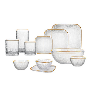 JINGHUANG GLASSWARE,DINNERWARE,TABLEWARE,Eco Friendly Luxury Dish Set Glass Dinner Tableware with Gold Rim