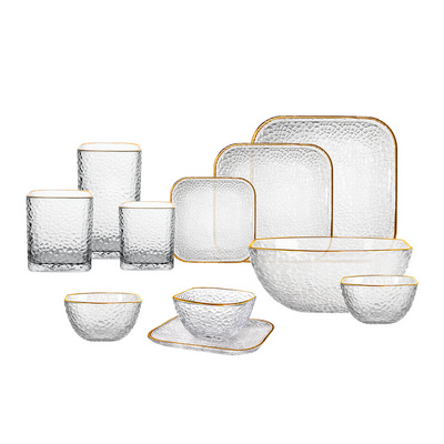 JINGHUANG GLASSWARE,DINNERWARE,TABLEWARE,Eco Friendly Luxury Dish Set Glass Dinner Tableware with Gold Rim