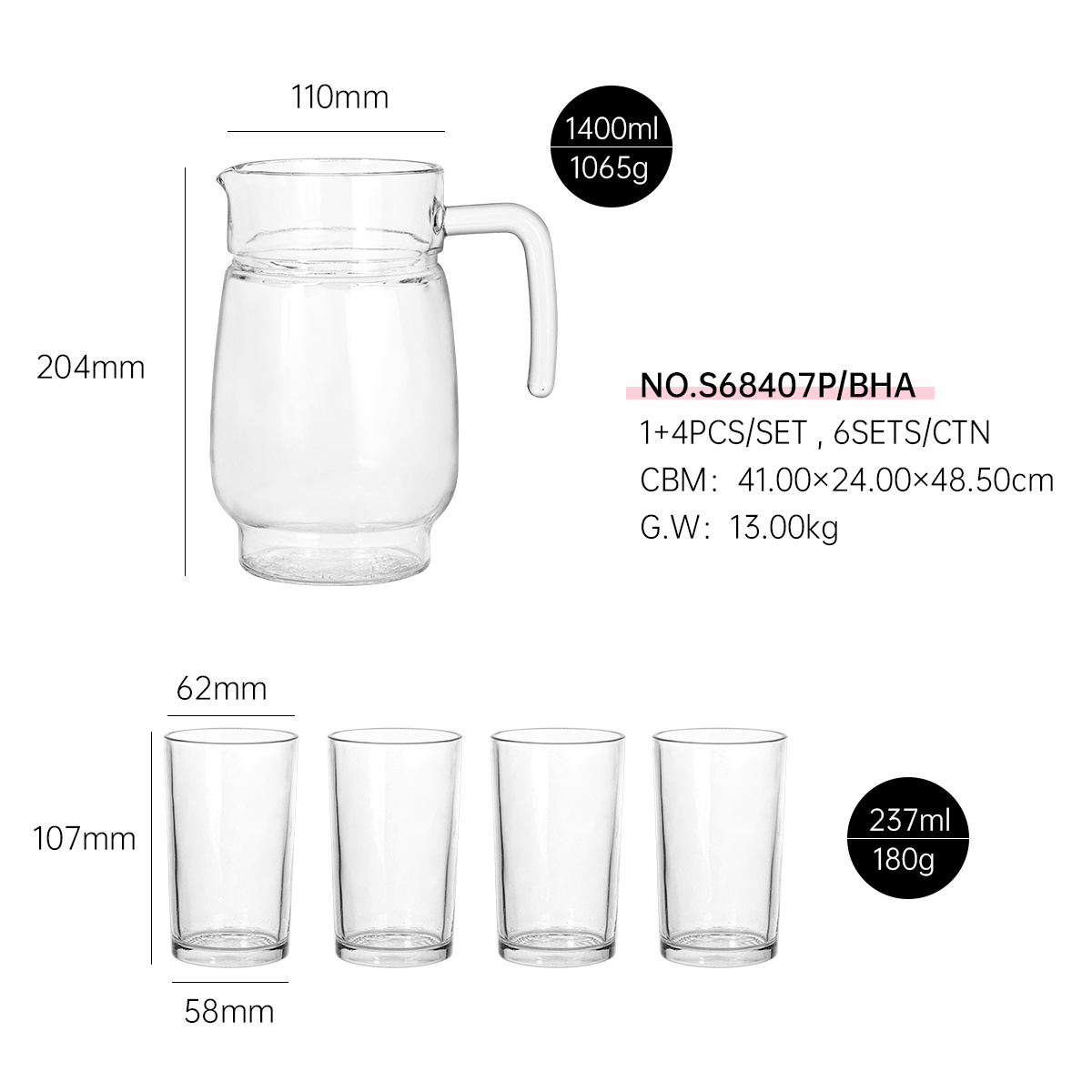 JINGHUANG GLASSWARE 8.8Oz Glasses Tumbler+1.5L Jug Clear Glass Cup Set Drinking Cup Set 7Pcs Drinking Glasses Set Water With Lid