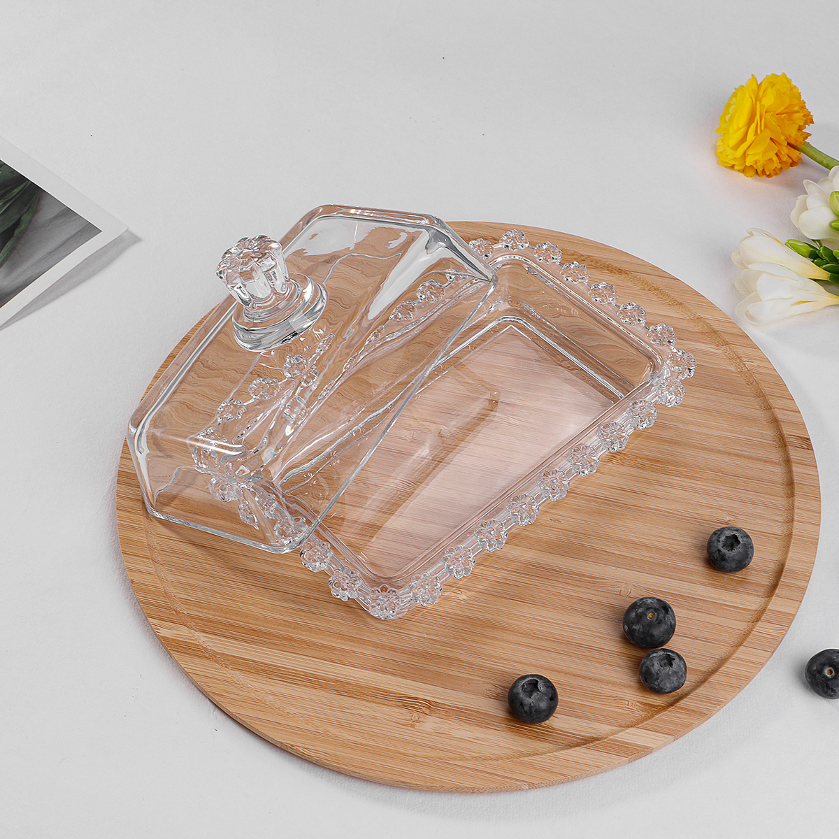 Crystal Clear Glass Butter Dish with Flower Lid Glass Cheese Container