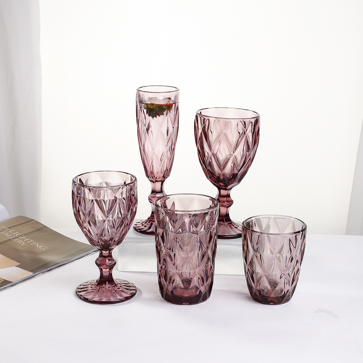 Vintage Pattern Embossed High Clear Glass Goblets Vintage Glass Wine Goblet Wedding Green Blue Pink Colored Glass Goblet