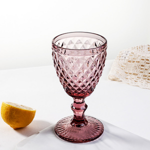 Wholesale Glassware Colored Embossed Wine Glasses Water Glass vintage goblets bulk engraved pressed green glass goblet