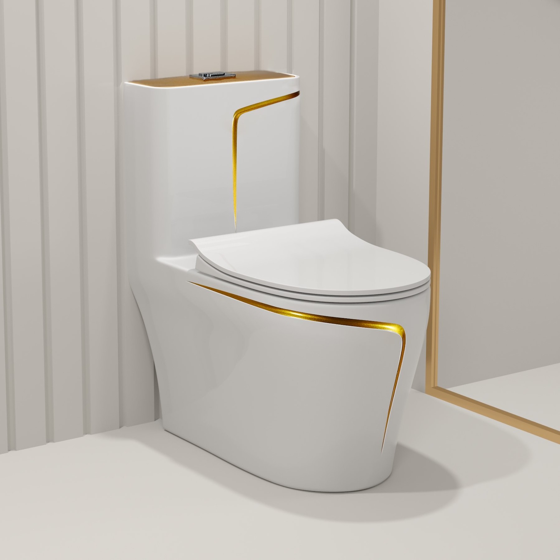 Custom good quality luxury design floor mounted wc white gold line water closet bathroom ceramic one piece toilet bowl