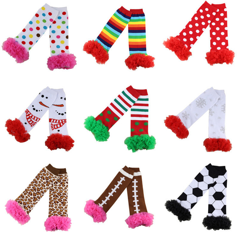 Wholesale knitted many patterns colorful kids leg warmers stocking leggings rainbow stripes chiffon ruffles baby leg warmers