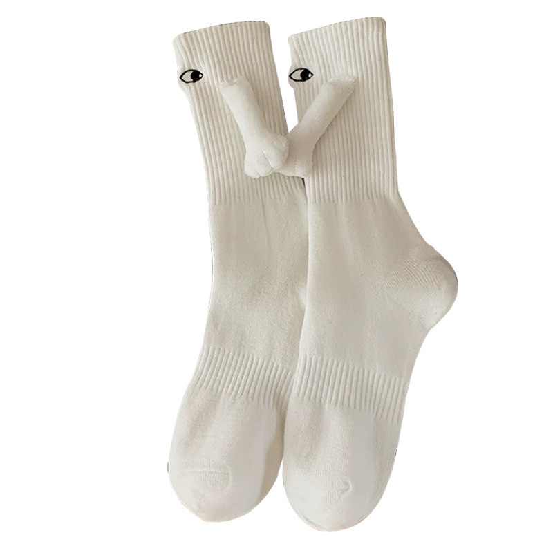 Unisex Funny Couple Holding Hands Socks White Medium Barrel Female Friend Cotton Magnetic Suction Feet Holding Amusing Socks