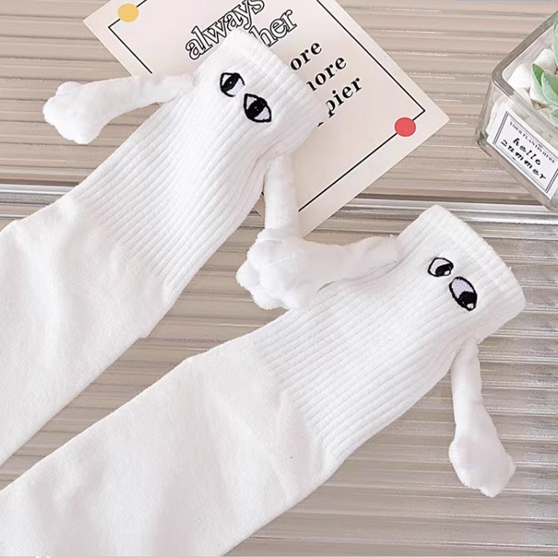 Unisex Funny Couple Holding Hands Socks White Medium Barrel Female Friend Cotton Magnetic Suction Feet Holding Amusing Socks