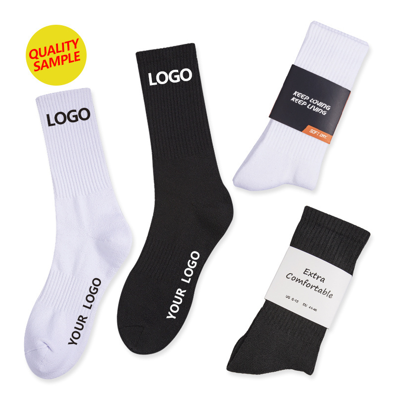 Black White Grey Blank Crew Socks Custom Jacquard Logo Women Men's Running Grip Sport Socks