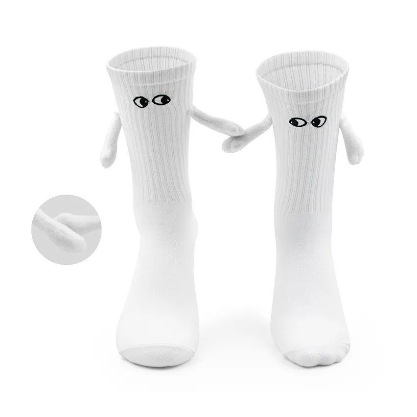 Unisex Funny Couple Holding Hands Socks White Medium Barrel Female Friend Cotton Magnetic Suction Feet Holding Amusing Socks