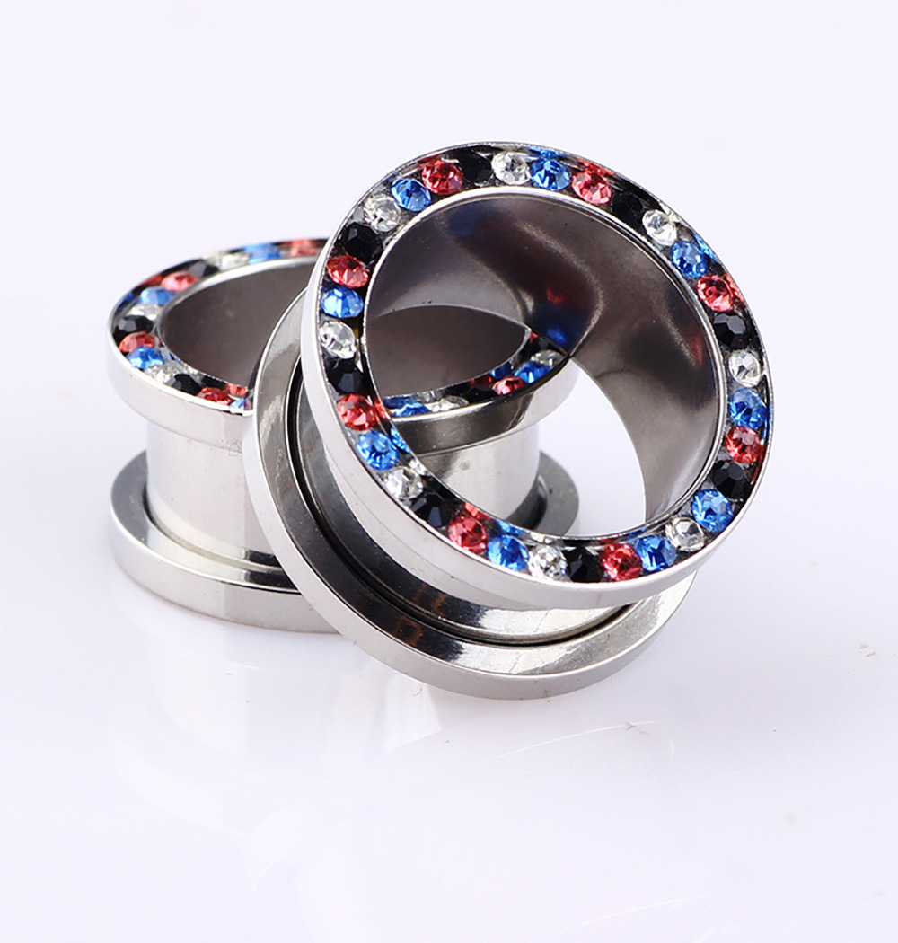 Ear Expander Body Piercing Jewelry 6Pcs Stainless Steel Single Flare Flesh Tunnel Ear Plugs 4-16mm Crystal Ear Stretcher