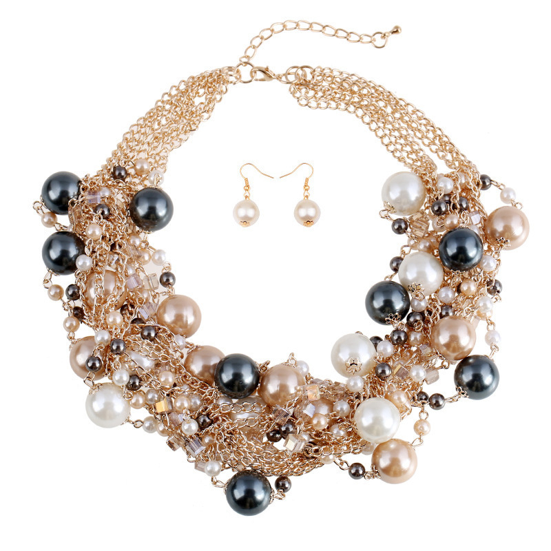 Layered Clear Rhinestone Crystal Pearl Beads Chain Necklace Choker Statement Necklace