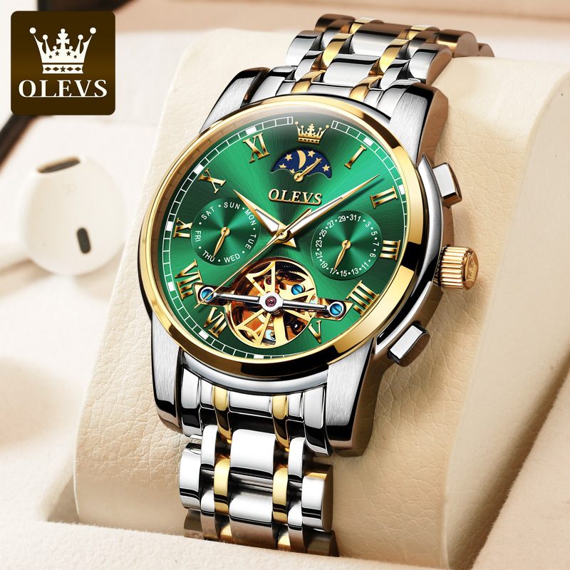 OLEVS 6617 Men Tourbillon Watch Classic Business Clocks Stainless Steel Band Hollow Automatic Mechanical Wristwatch