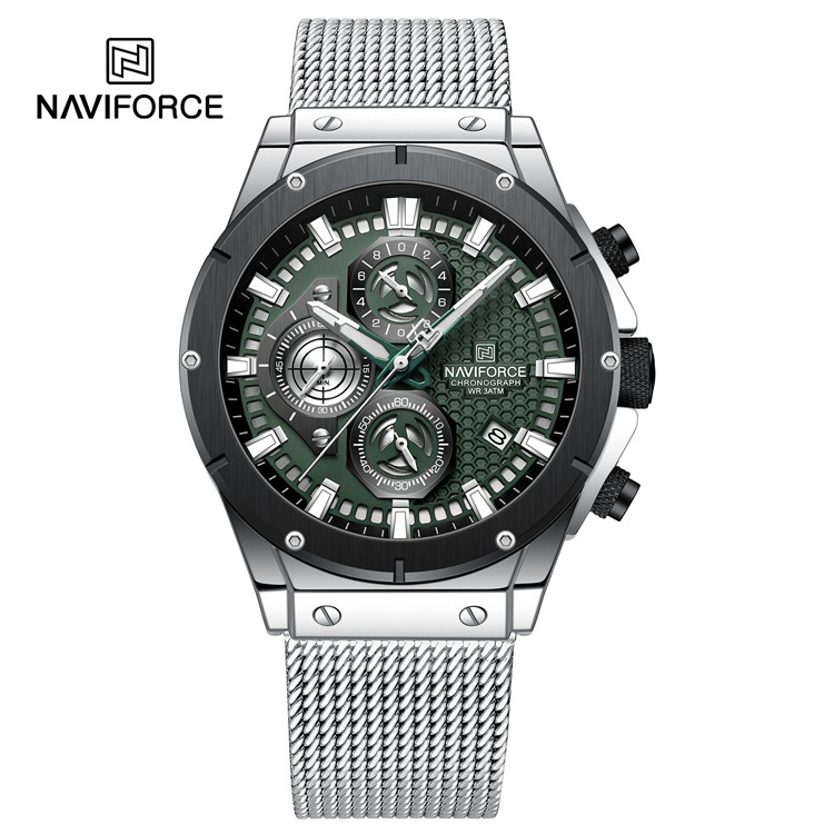 NAVIFORCE Watches for Men Luxury Brand Chronograph Sport Quartz Wristwatch Waterproof Steel Band Luminous Clock 8027 S