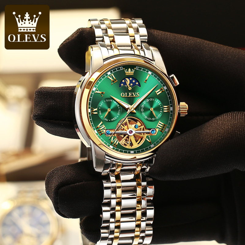 OLEVS 6617 Men Tourbillon Watch Classic Business Clocks Stainless Steel Band Hollow Automatic Mechanical Wristwatch