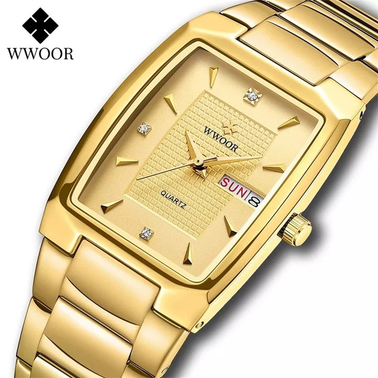 WWOOR 2021 New Square Watch Men with Automatic Week Date Luxury Stainless Steel Gold Mens Quartz Wrist Watches Relogio Masculino