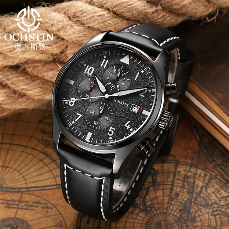 OCHSTIN Pilot Mens Chronograph Wrist Watch Waterproof Auto Date Black Top Luxury Brand Leather Males Quartz Clock Frosted Dial