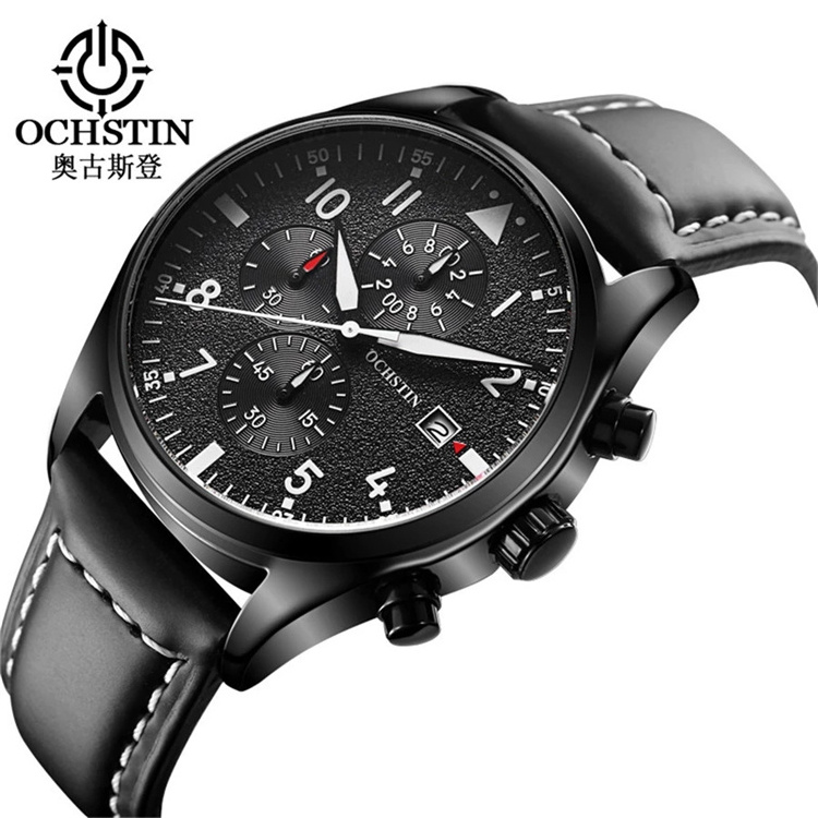 OCHSTIN Pilot Mens Chronograph Wrist Watch Waterproof Auto Date Black Top Luxury Brand Leather Males Quartz Clock Frosted Dial