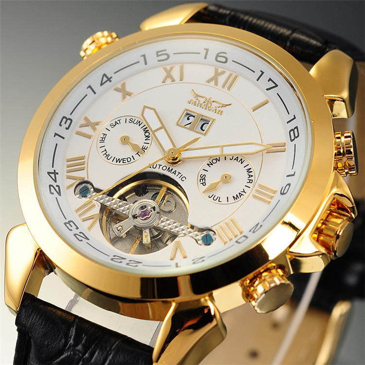 JARAGAR Fashion Casual Tourbillon Wrap Mens Watches Date Day Automatic Watch Rose Gold Case Calendar Male Clock Mechanical Watch