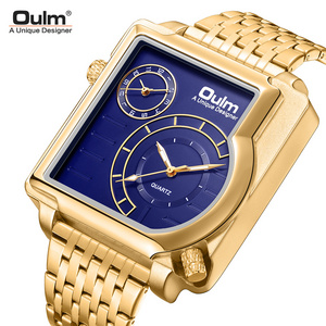 Oulm 5122 Golden Top Brand Luxury Men's Watches Stainless Steel Quartz Clock Two Time Zone Unique Male Watch Relogio Masculino