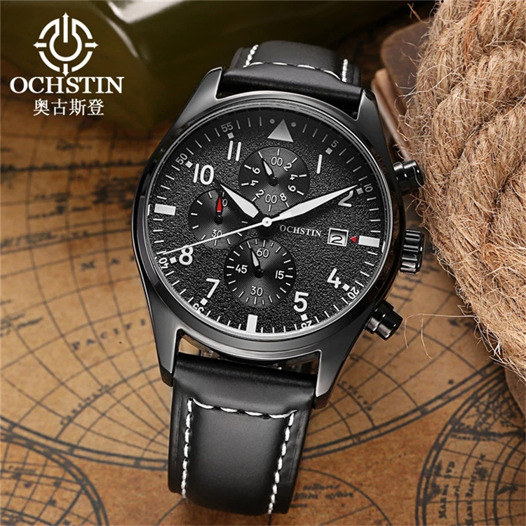 OCHSTIN Pilot Mens Chronograph Wrist Watch Waterproof Auto Date Black Top Luxury Brand Leather Males Quartz Clock Frosted Dial