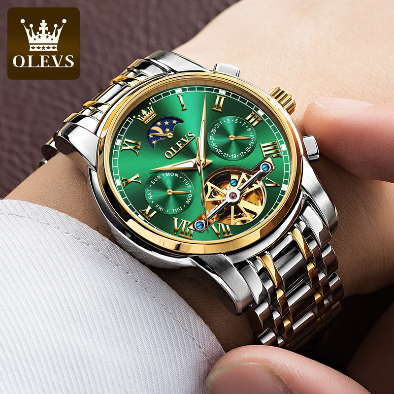 OLEVS 6617 Men Tourbillon Watch Classic Business Clocks Stainless Steel Band Hollow Automatic Mechanical Wristwatch