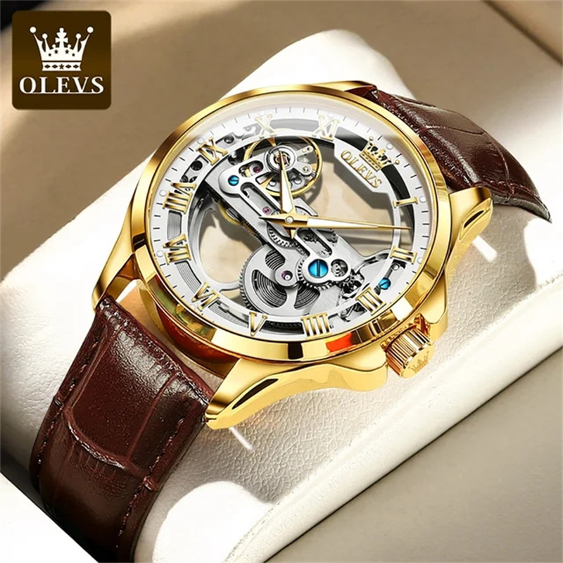 OLEVS 6661 Automatic Mechanical Watch For Man Skeleton Flywheel Luminous Hands Waterproof Leather Strap Top Brand Luxury Gifts