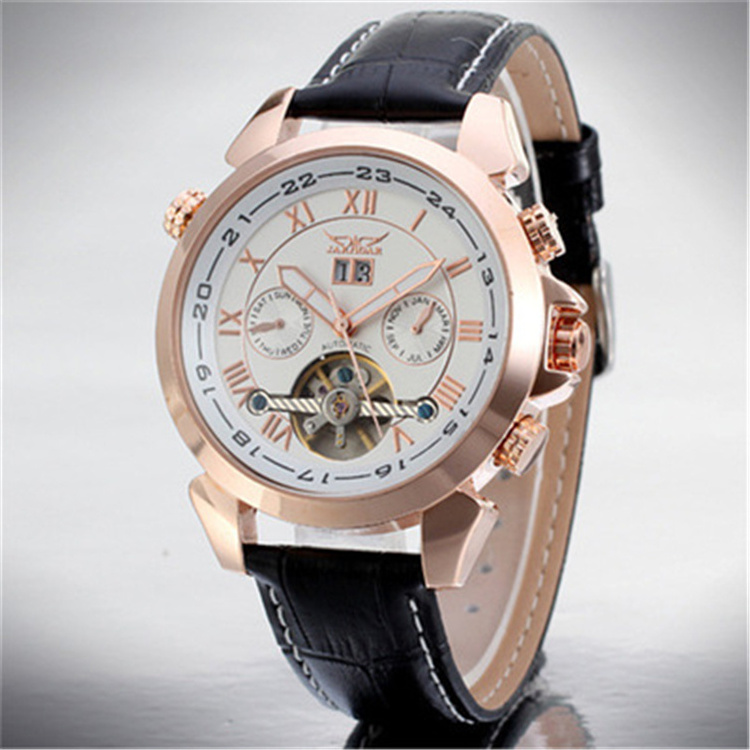 JARAGAR Fashion Casual Tourbillon Wrap Mens Watches Date Day Automatic Watch Rose Gold Case Calendar Male Clock Mechanical Watch