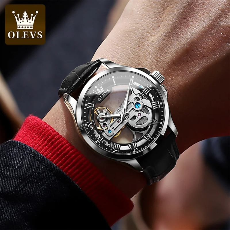 OLEVS 6661 Automatic Mechanical Watch For Man Skeleton Flywheel Luminous Hands Waterproof Leather Strap Top Brand Luxury Gifts