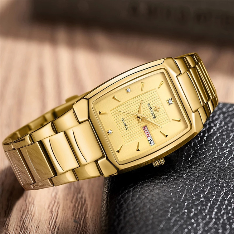 WWOOR 2021 New Square Watch Men with Automatic Week Date Luxury Stainless Steel Gold Mens Quartz Wrist Watches Relogio Masculino