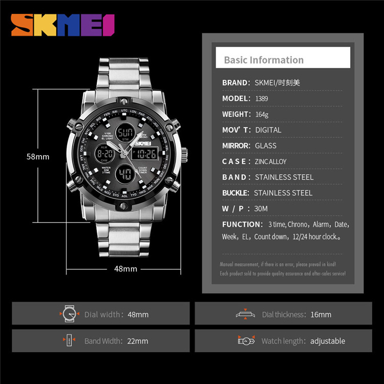 SKMEI 1389 Digital Quartz Watch Men Outdoor Sports Digital Watch Countdown Full Steel Strap Clock 2019 New