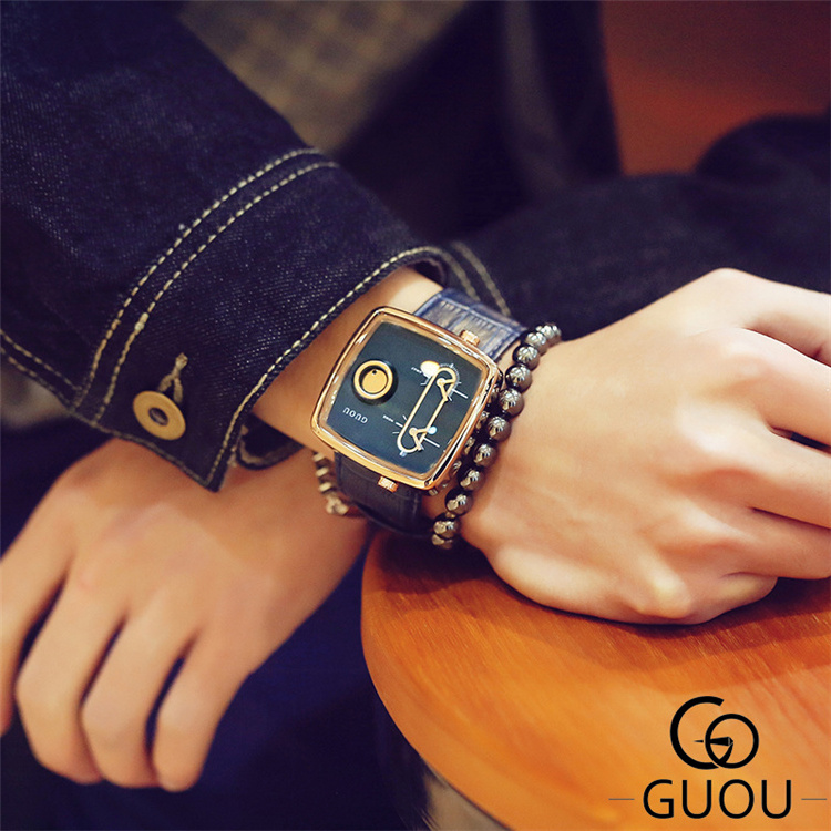 GUOU 8151 Brand Luxury Presents For Men Hot Watch Double Quartz Movement Square Watches Fashion Cowhide Leather Commander