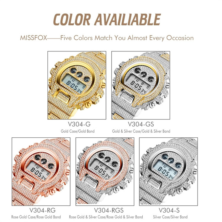 miss fox V304 Shock Mens Watches Top Brand Luxury Bling Bling Digital Watch Men Diamond Male Clock Hip Hop Iced Out Watches