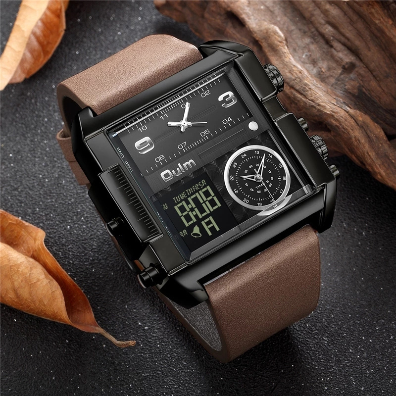 Oulm LED Digital Watches Men Luxury Brand 3 Time Zone Quartz Big Watch 24 Hours Leather Strap Male Sport Watch Relogio Masculino