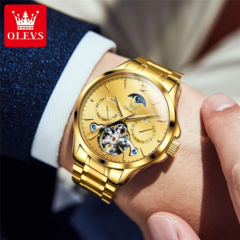 OLEVS 6663 New Automatic Mechanical Watch Mens Watches Top Brand Luxury Full Gold Tourbillon Watch Luminous Waterproof Men Clock