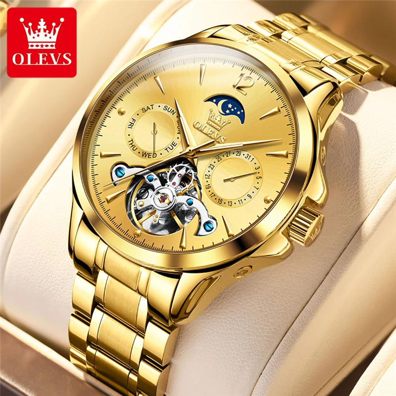 OLEVS 6663 New Automatic Mechanical Watch Mens Watches Top Brand Luxury Full Gold Tourbillon Watch Luminous Waterproof Men Clock