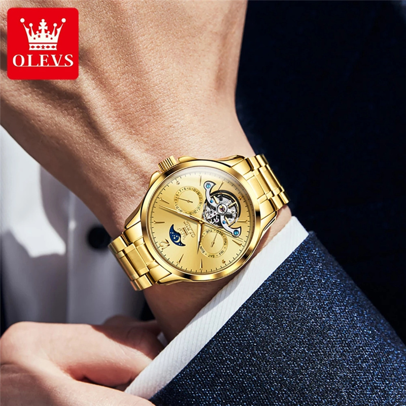 OLEVS 6663 New Automatic Mechanical Watch Mens Watches Top Brand Luxury Full Gold Tourbillon Watch Luminous Waterproof Men Clock