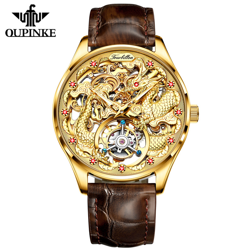 OUPINKE Men Watches 100% Real Tourbillon Watch Mechanical Leather Dragon Luxury Cool Sapphire Montre Tourbillon Watch For Men