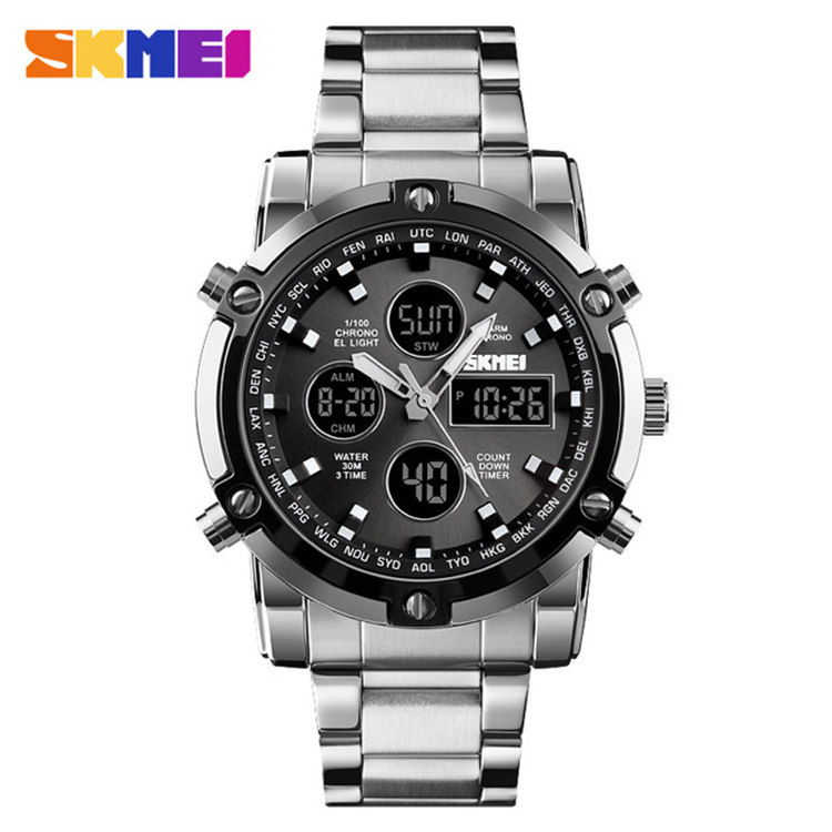 SKMEI 1389 Digital Quartz Watch Men Outdoor Sports Digital Watch Countdown Full Steel Strap Clock 2019 New