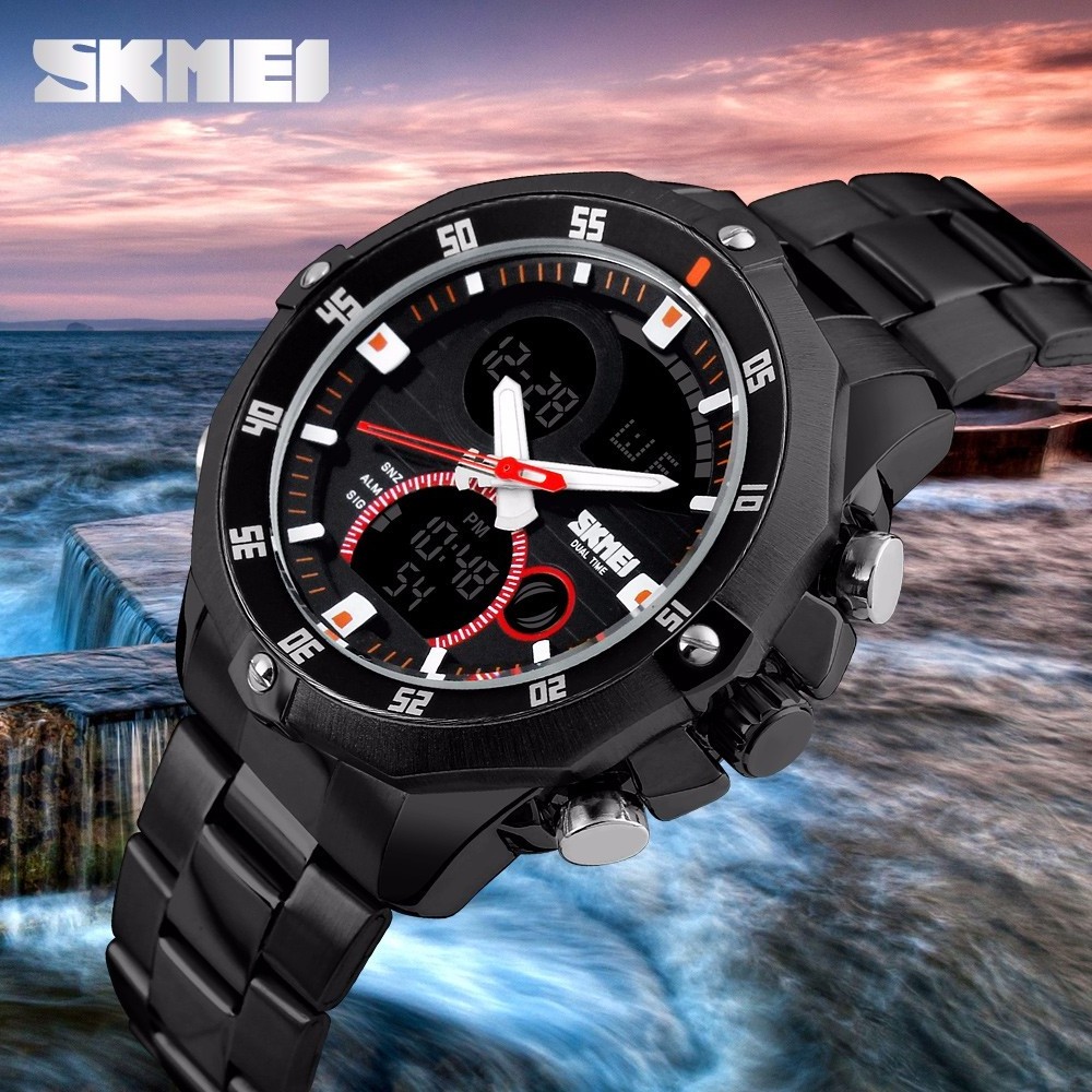 SKMEI 1146 new dual time led analog clock alarm watch luxury stainless steel strap men 2023 waterproof quartz digital watch