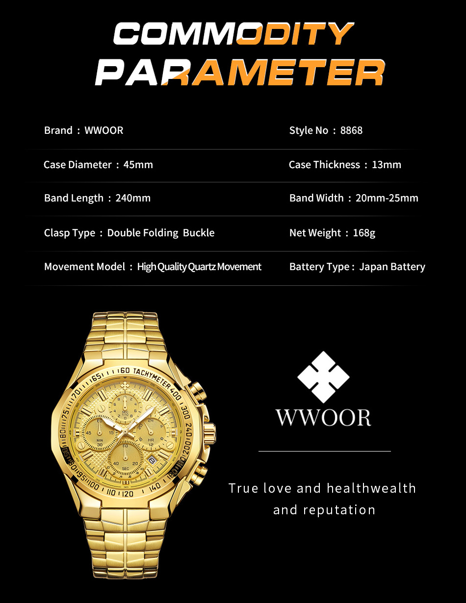 WWOOR Sports Exquisite Watch Men Top Brand Luxury Gold Full Steel Waterproof Analog 24 Hour Quartz Wristwatch Relogio Masculino