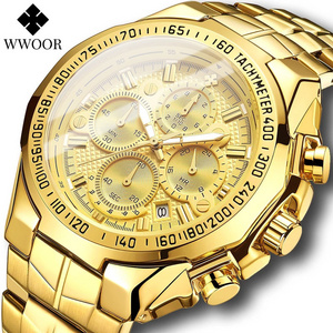 WWOOR Sports Exquisite Watch Men Top Brand Luxury Gold Full Steel Waterproof Analog 24 Hour Quartz Wristwatch Relogio Masculino