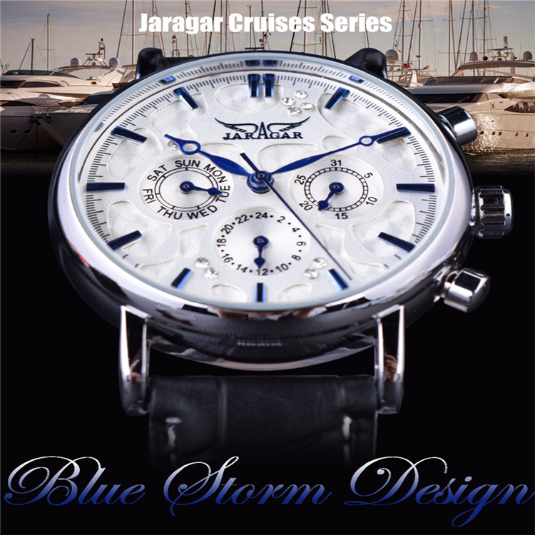 JARAGAR GMT939 Top Brand Luxury Male Watches Blue Sky Series Elegant Design Genuine Leather Strap Men Automatic Wristwatches